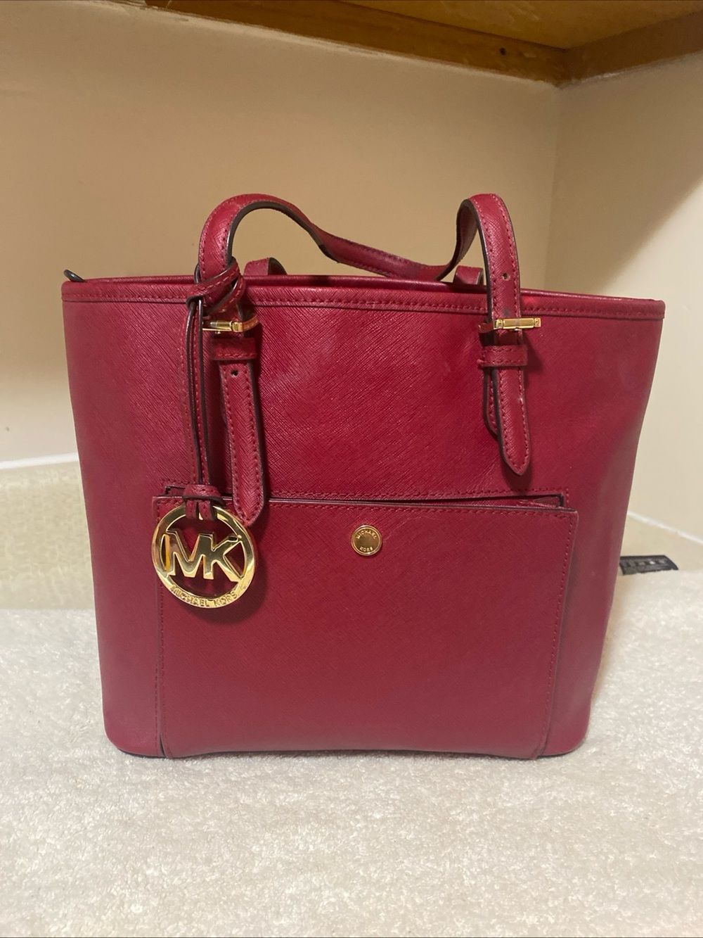 Michael Kors Berry Red Leather Tote with Gold MK Charm
